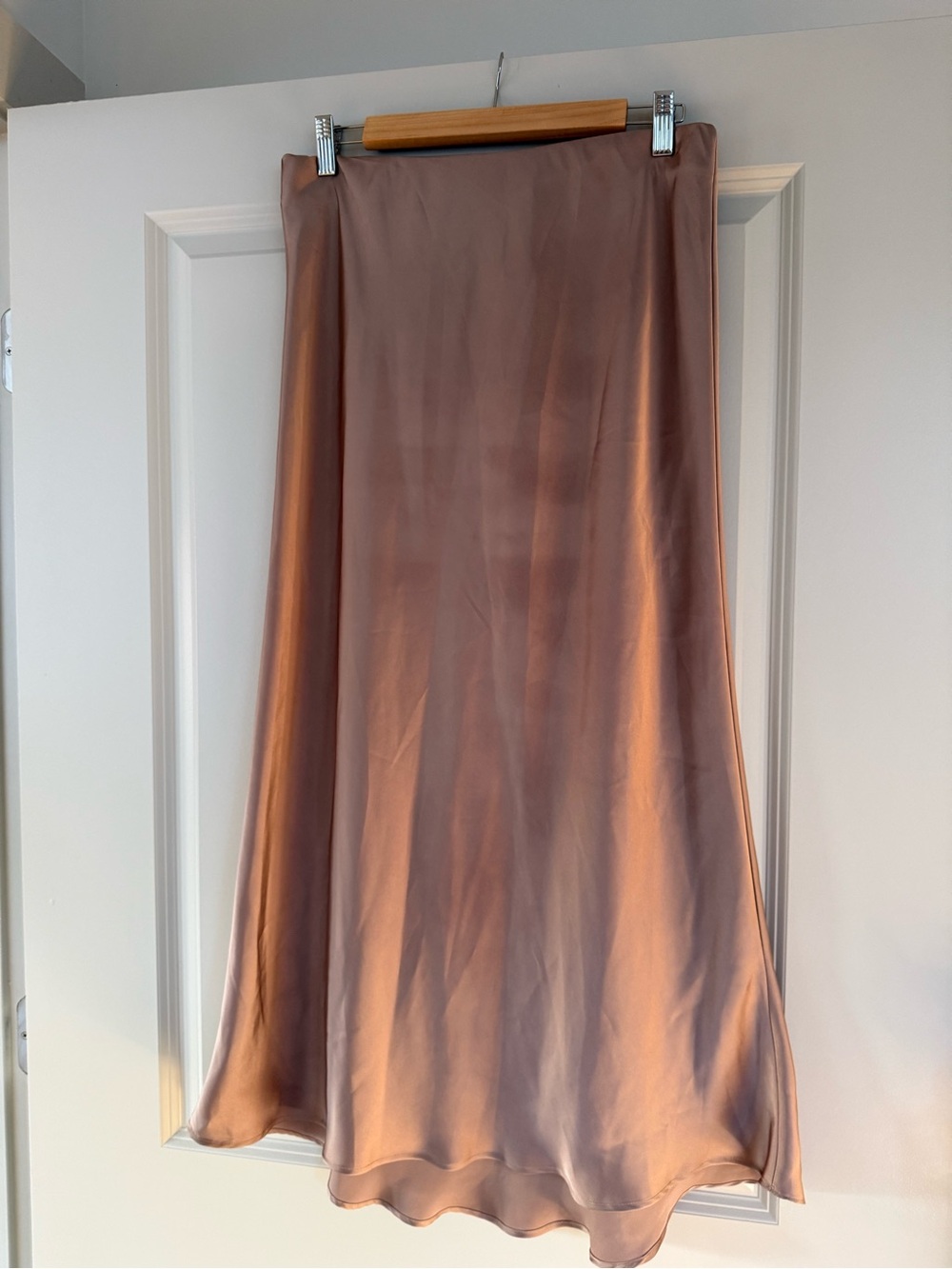 Zara Satin A-Line Midi Skirt in Sand taupe